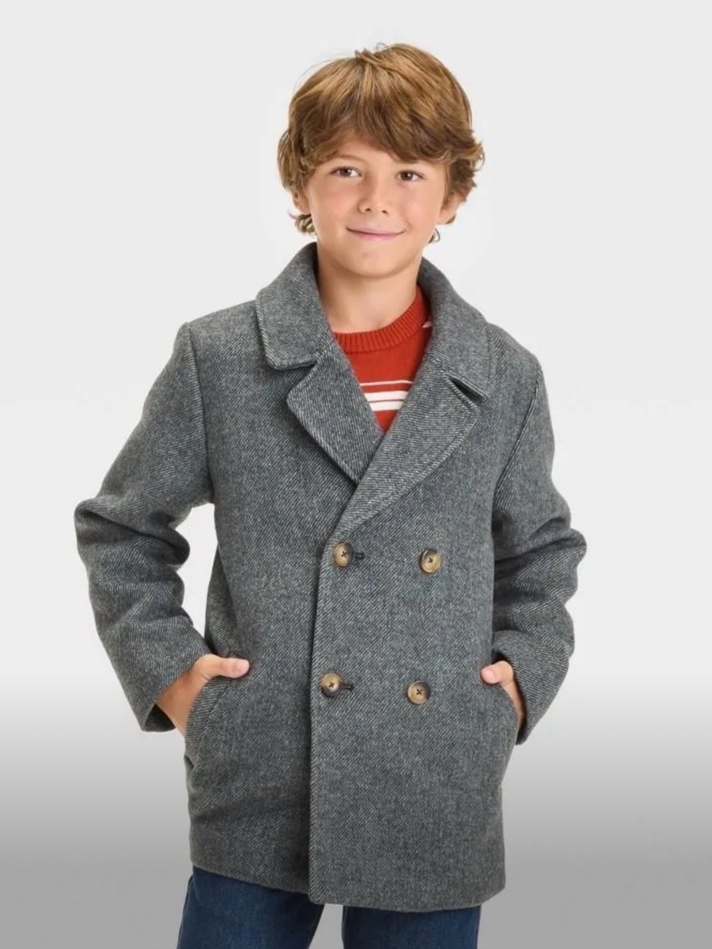 Cat & Jack Boys' Double-Breasted Grey Peacoat